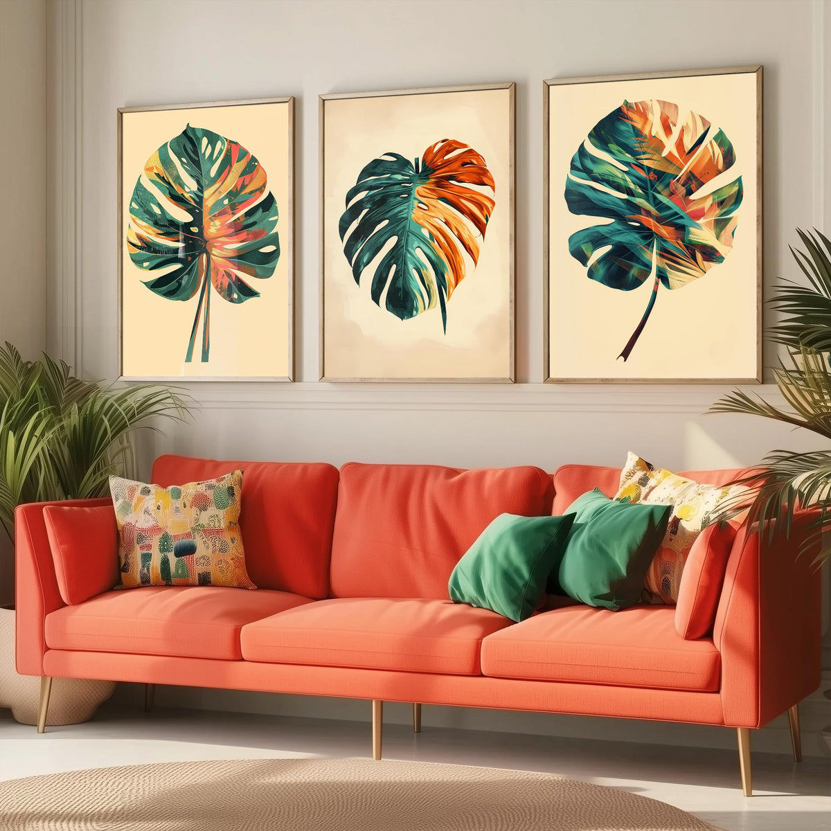 Kerala Monstera Leaf Set of Three Art Prints - 3 Tropical Palm Leaf Posters - India Botanical Jungle Wall Art Illustration