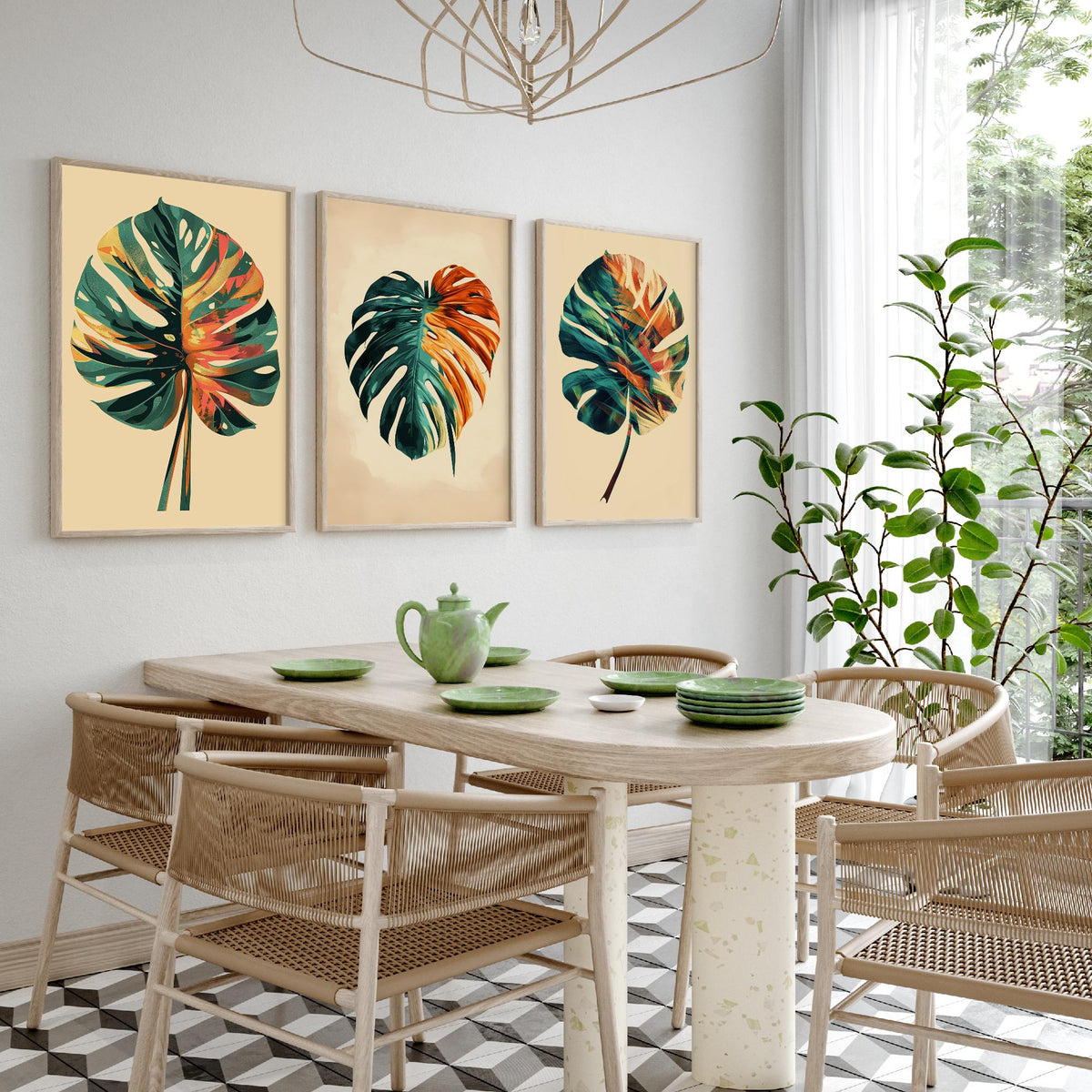 Kerala Monstera Leaf Set of Three Art Prints - 3 Tropical Palm Leaf Posters - India Botanical Jungle Wall Art Illustration