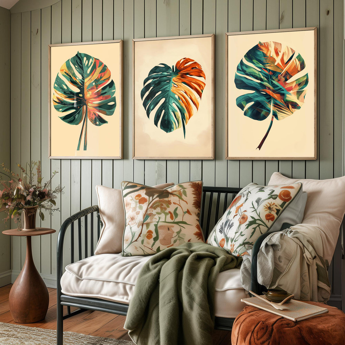 Kerala Monstera Leaf Set of Three Art Prints - 3 Tropical Palm Leaf Posters - India Botanical Jungle Wall Art Illustration