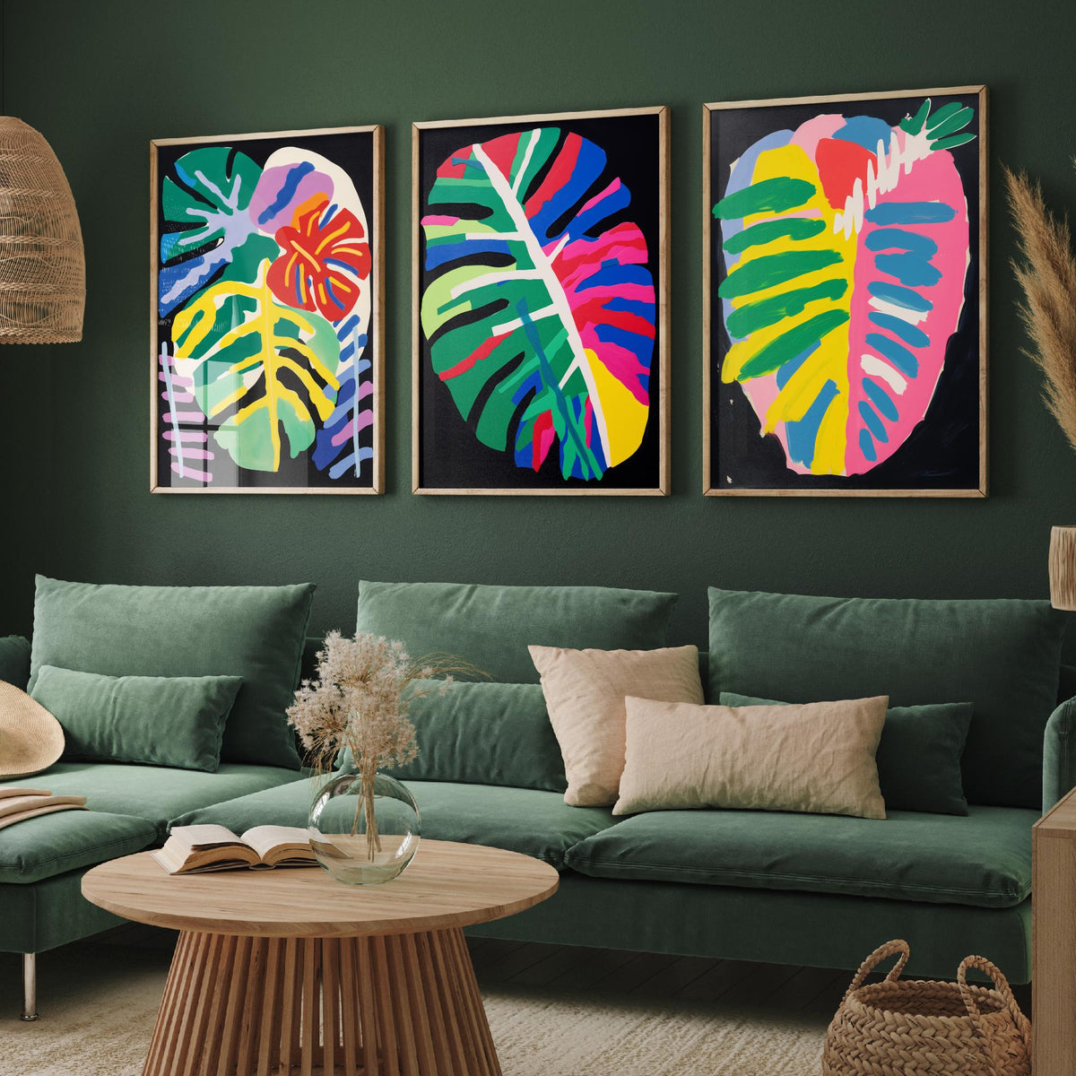 Monstera Leaves on Black Set of Three Art Prints - Bold Primary Colour Cut Outs - Paper Cut Out Illustration Poster