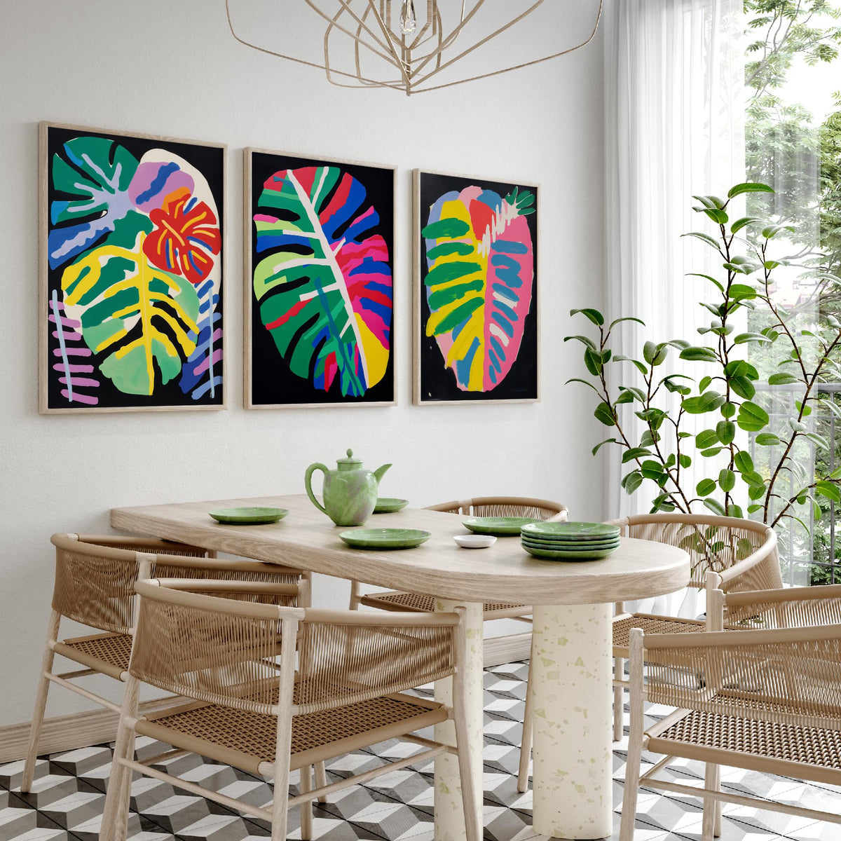 Monstera Leaves on Black Set of Three Art Prints - Bold Primary Colour Cut Outs - Paper Cut Out Illustration Poster