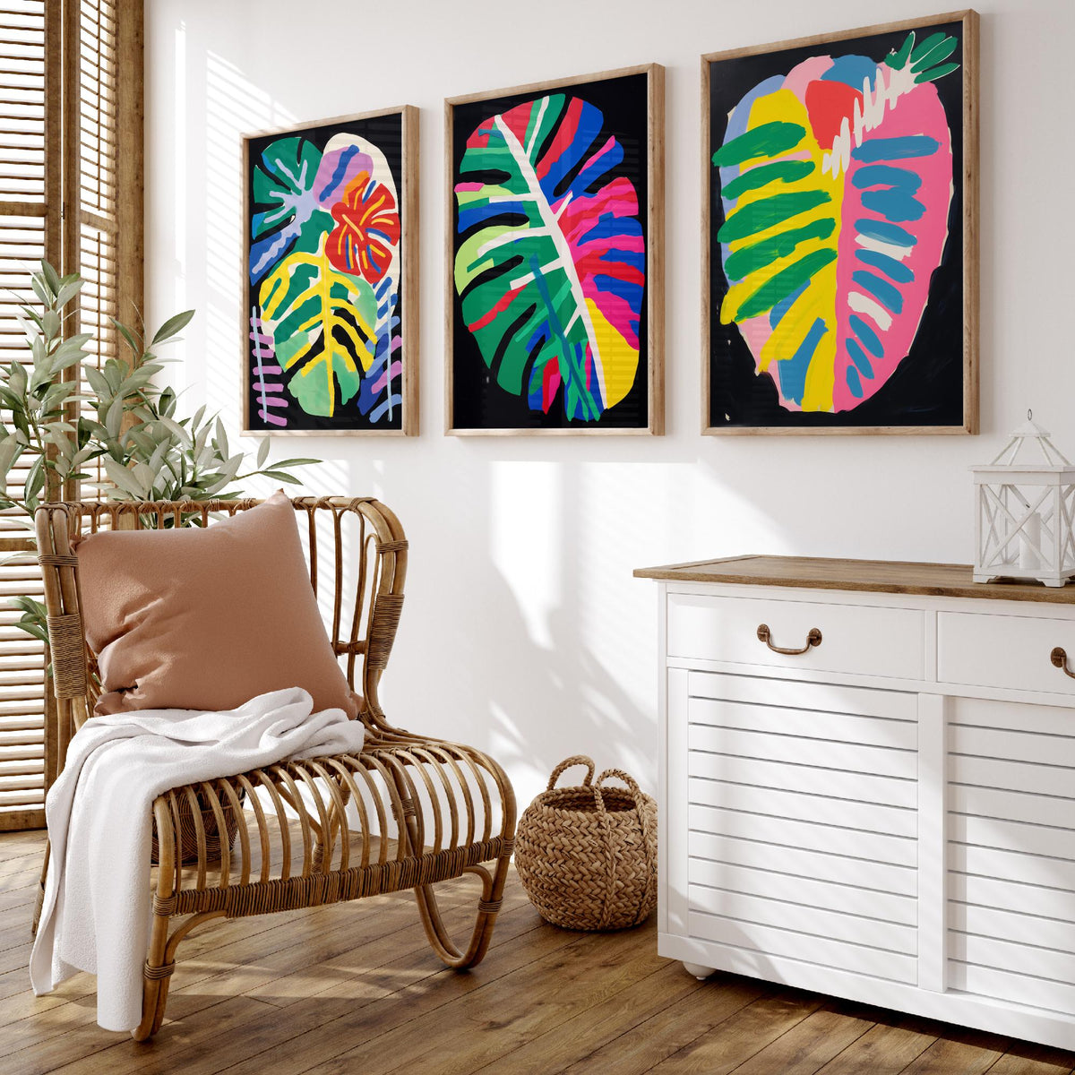 Monstera Leaves on Black Set of Three Art Prints - Bold Primary Colour Cut Outs - Paper Cut Out Illustration Poster