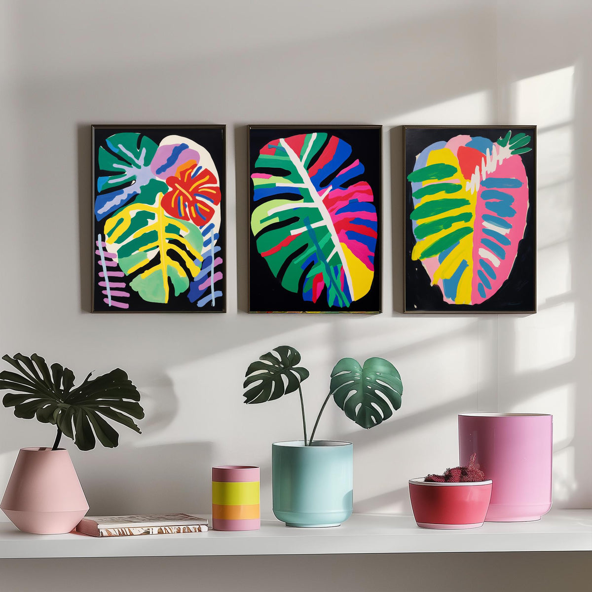 Monstera Leaves on Black Set of Three Art Prints - Bold Primary Colour Cut Outs - Paper Cut Out Illustration Poster
