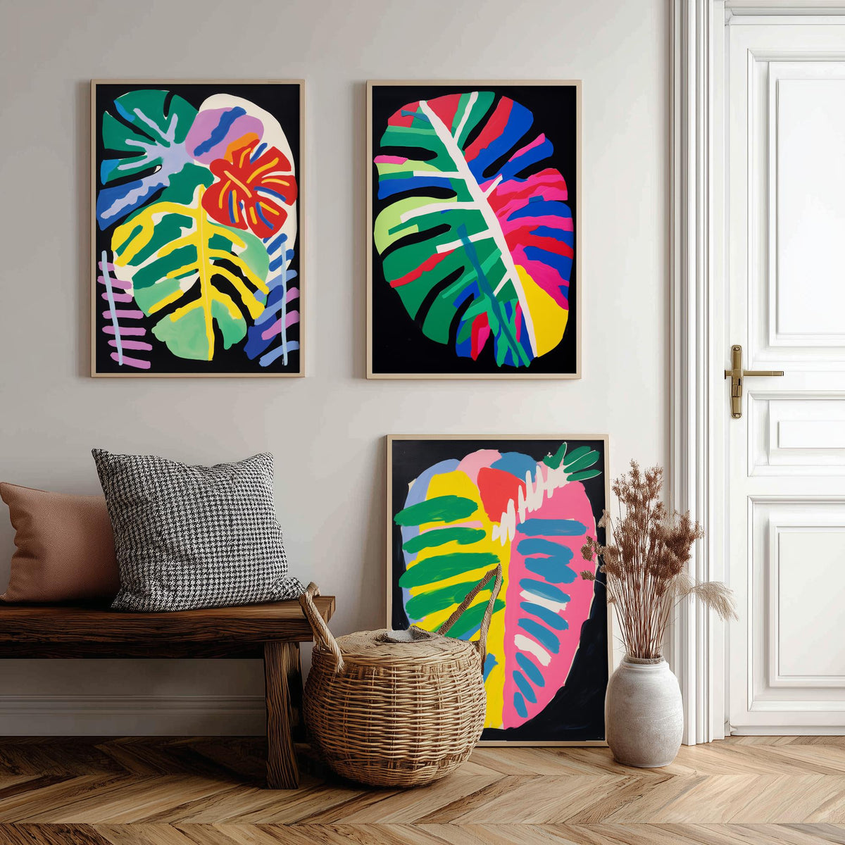 Monstera Leaves on Black Set of Three Art Prints - Bold Primary Colour Cut Outs - Paper Cut Out Illustration Poster