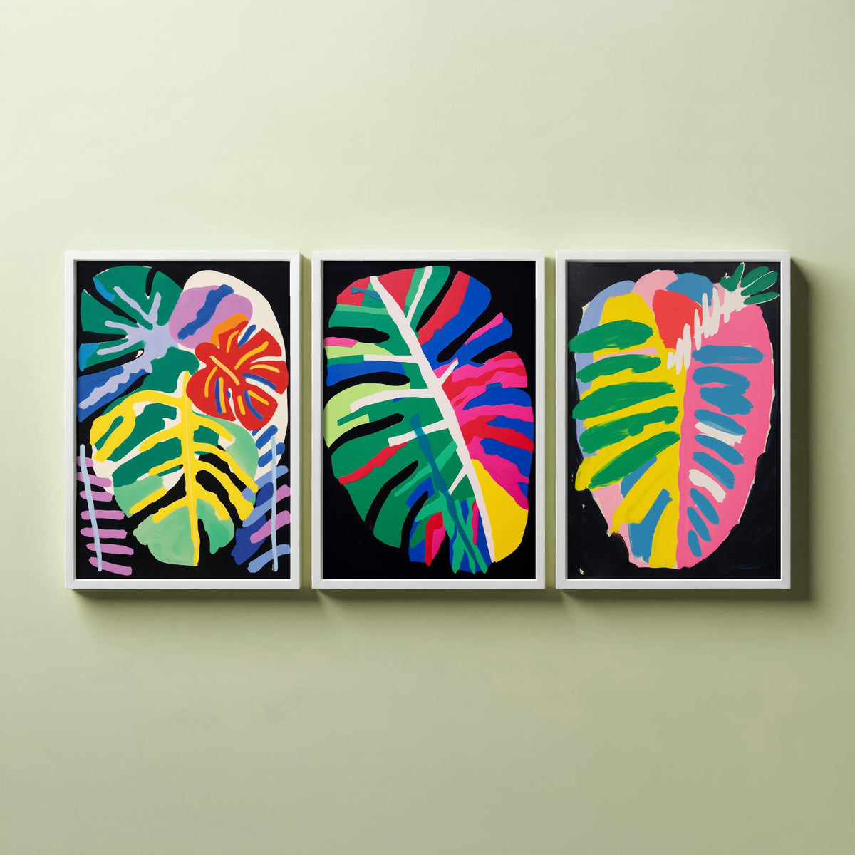 Monstera Leaves on Black Set of Three Art Prints - Bold Primary Colour Cut Outs - Paper Cut Out Illustration Poster