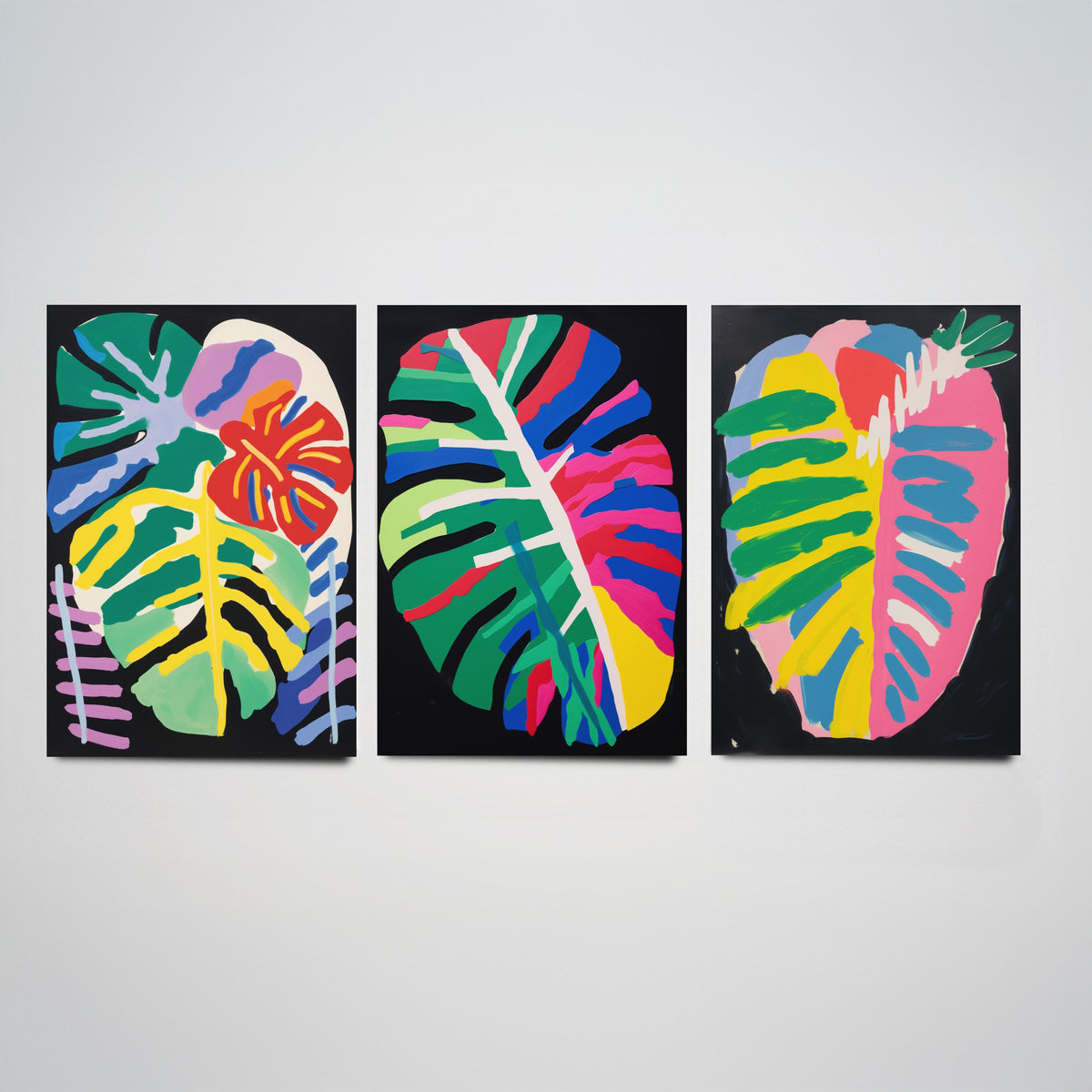 Monstera Leaves on Black Set of Three Art Prints - Bold Primary Colour Cut Outs - Paper Cut Out Illustration Poster