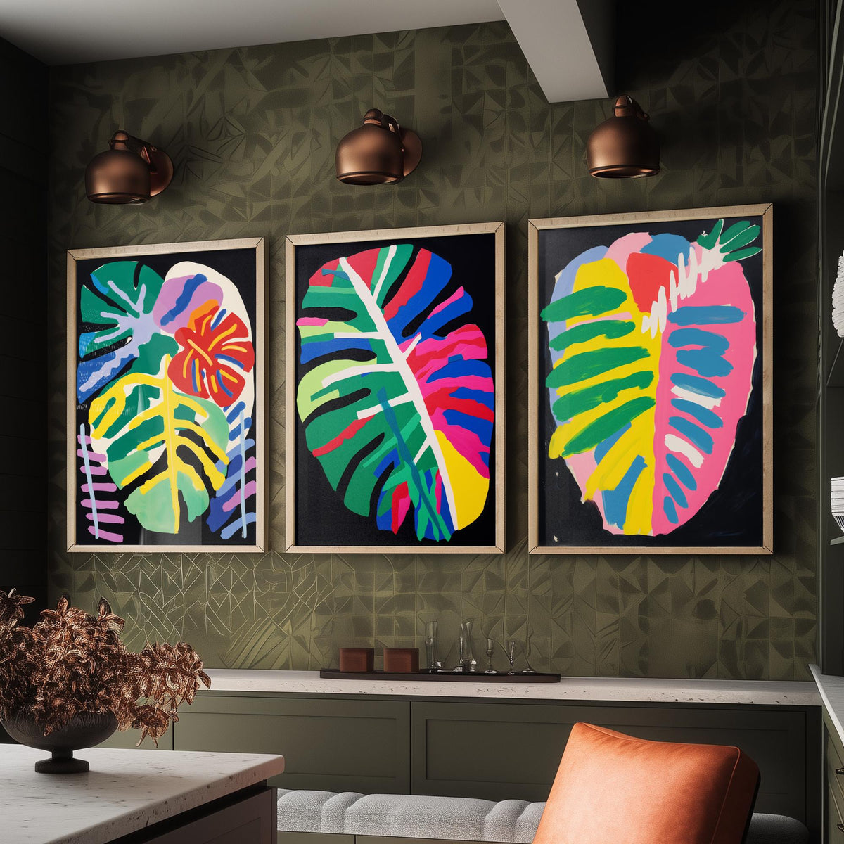 Monstera Leaves on Black Set of Three Art Prints - Bold Primary Colour Cut Outs - Paper Cut Out Illustration Poster