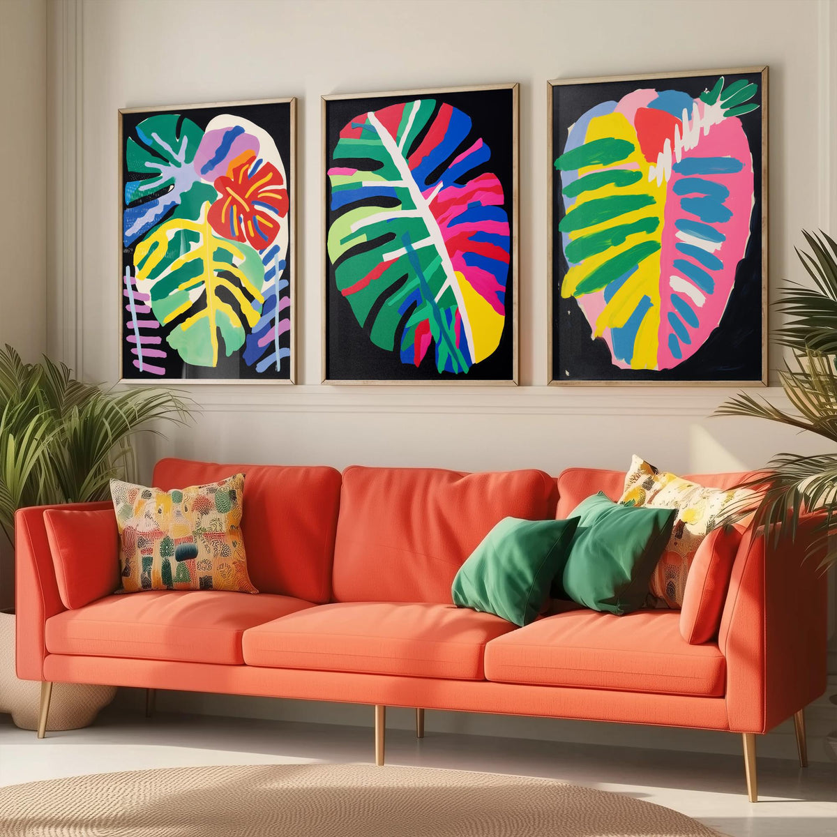 Monstera Leaves on Black Set of Three Art Prints - Bold Primary Colour Cut Outs - Paper Cut Out Illustration Poster
