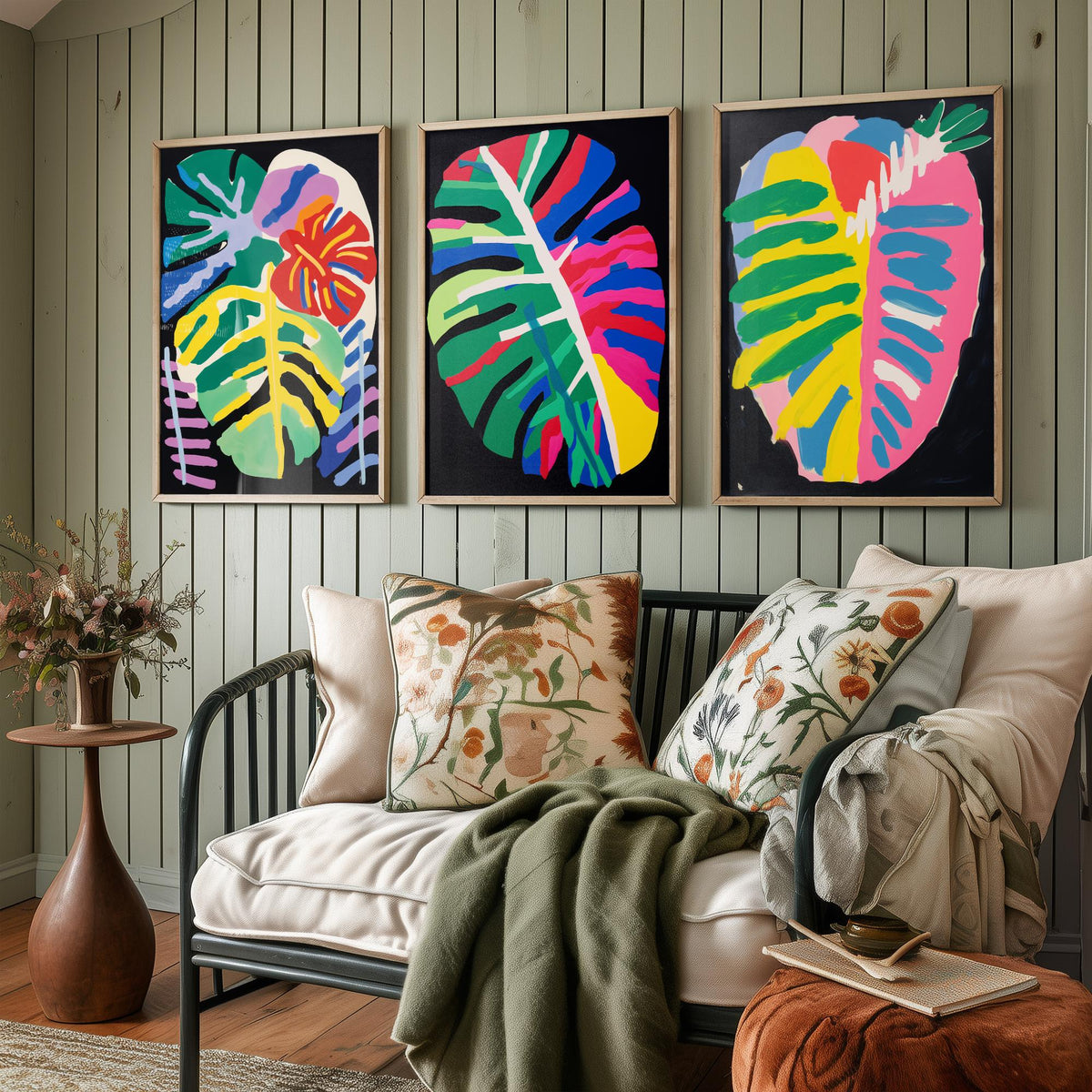 Monstera Leaves on Black Set of Three Art Prints - Bold Primary Colour Cut Outs - Paper Cut Out Illustration Poster