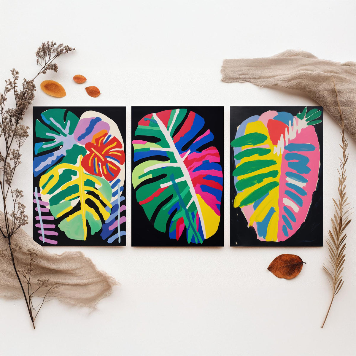Monstera Leaves on Black Set of Three Art Prints - Bold Primary Colour Cut Outs - Paper Cut Out Illustration Poster
