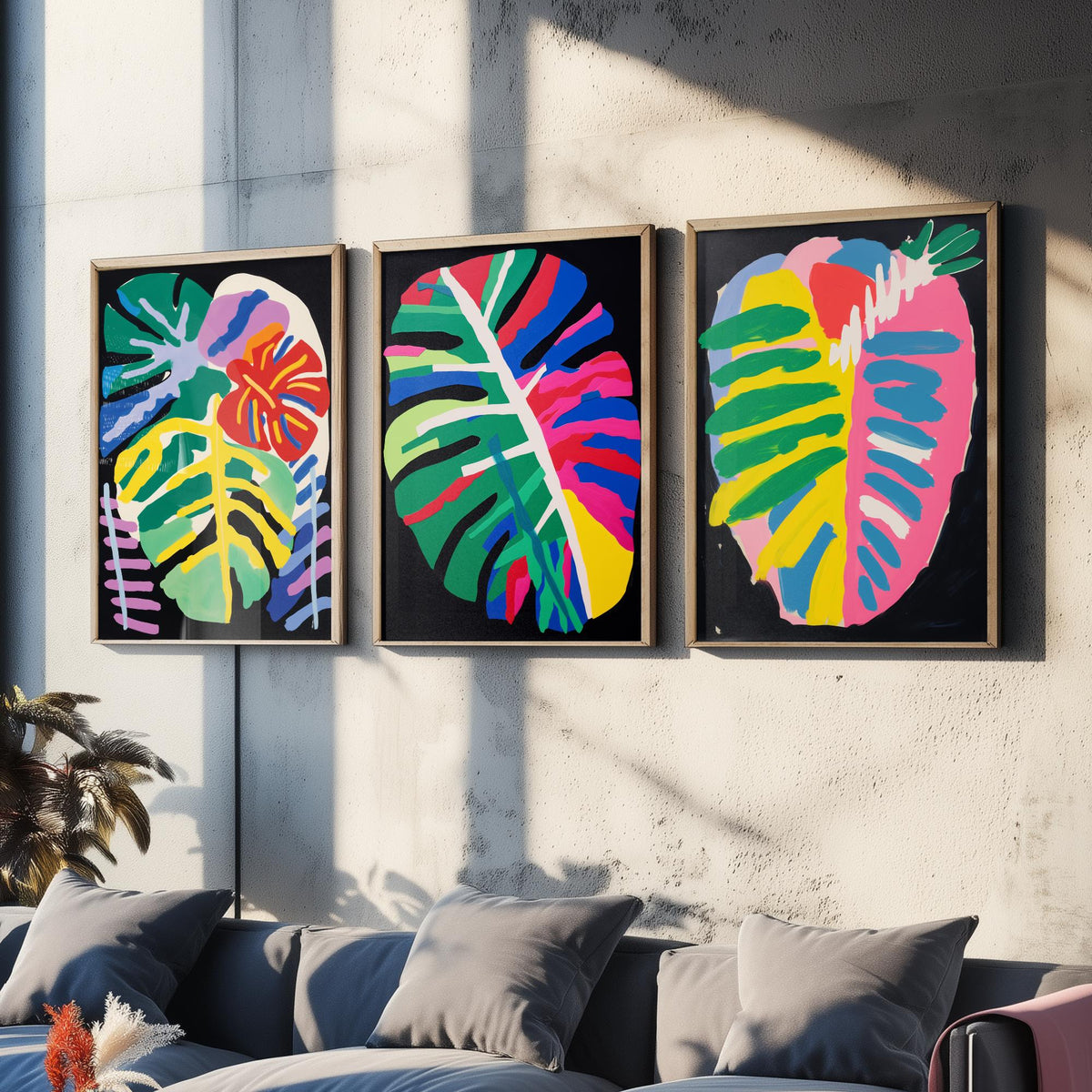 Monstera Leaves on Black Set of Three Art Prints - Bold Primary Colour Cut Outs - Paper Cut Out Illustration Poster