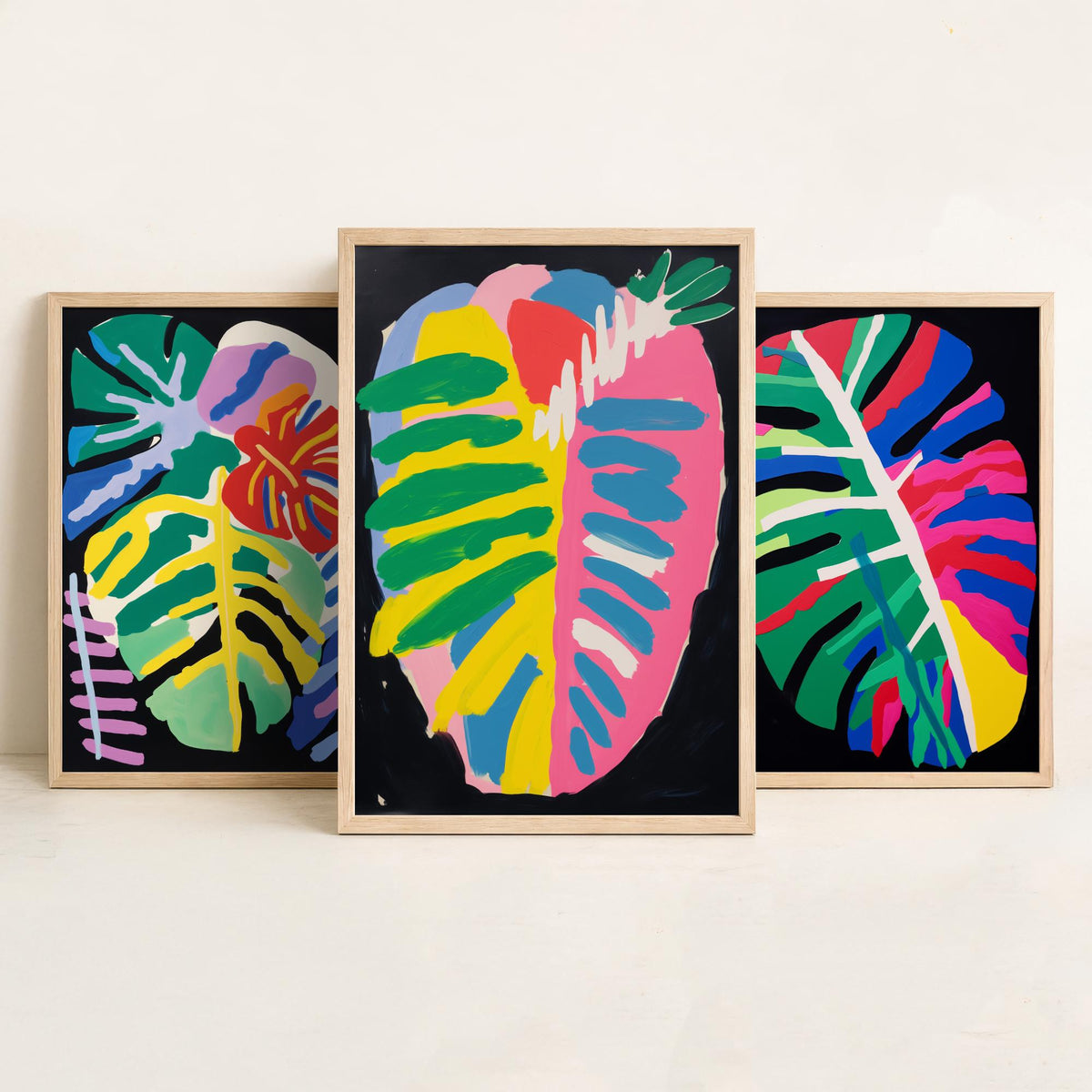 Monstera Leaves on Black Set of Three Art Prints - Bold Primary Colour Cut Outs - Paper Cut Out Illustration Poster