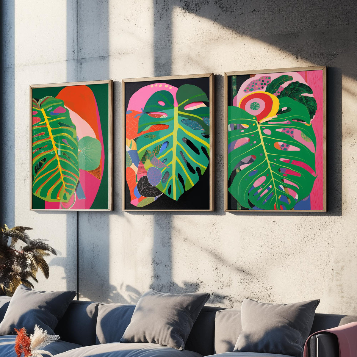 Monstera Leaves Pink and Black Set of Three Art Prints - Hot Pink, Green and Coral Collage - Bold Tropical Poster Illustration