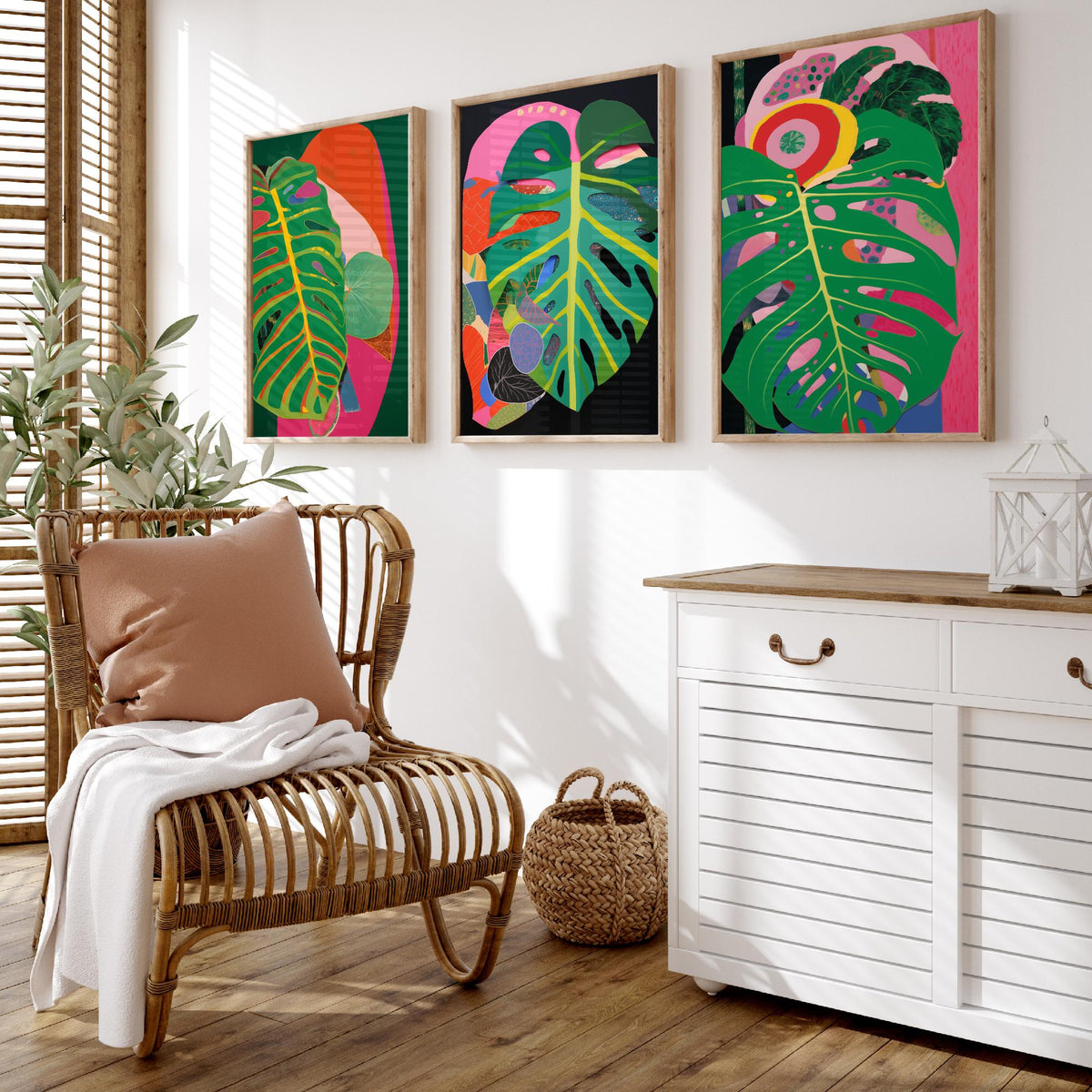 Monstera Leaves Pink and Black Set of Three Art Prints - Hot Pink, Green and Coral Collage - Bold Tropical Poster Illustration