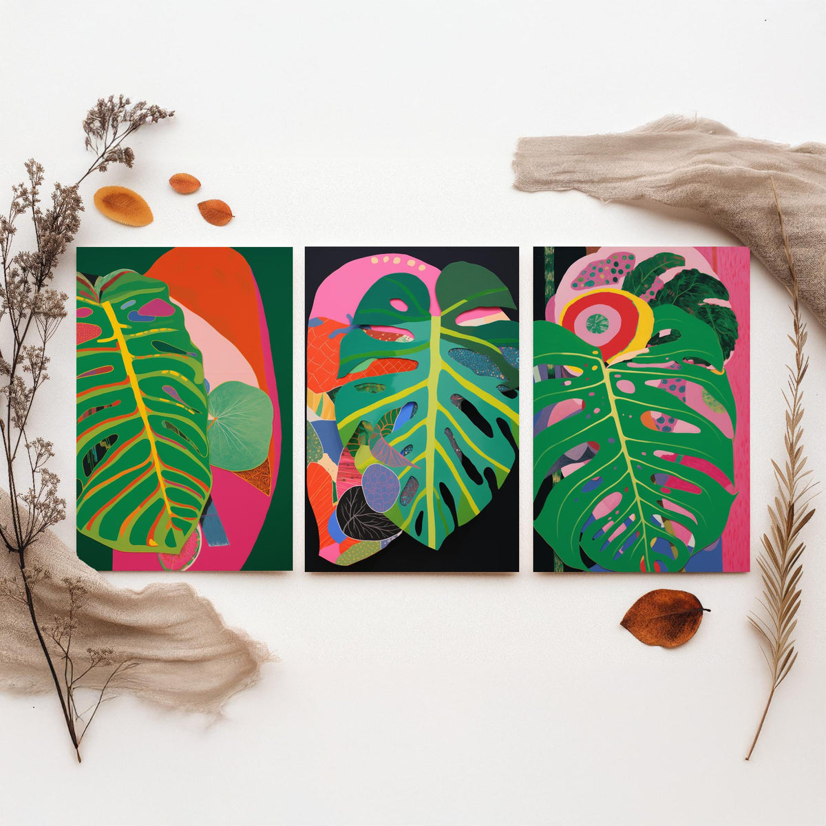 Monstera Leaves Pink and Black Set of Three Art Prints - Hot Pink, Green and Coral Collage - Bold Tropical Poster Illustration