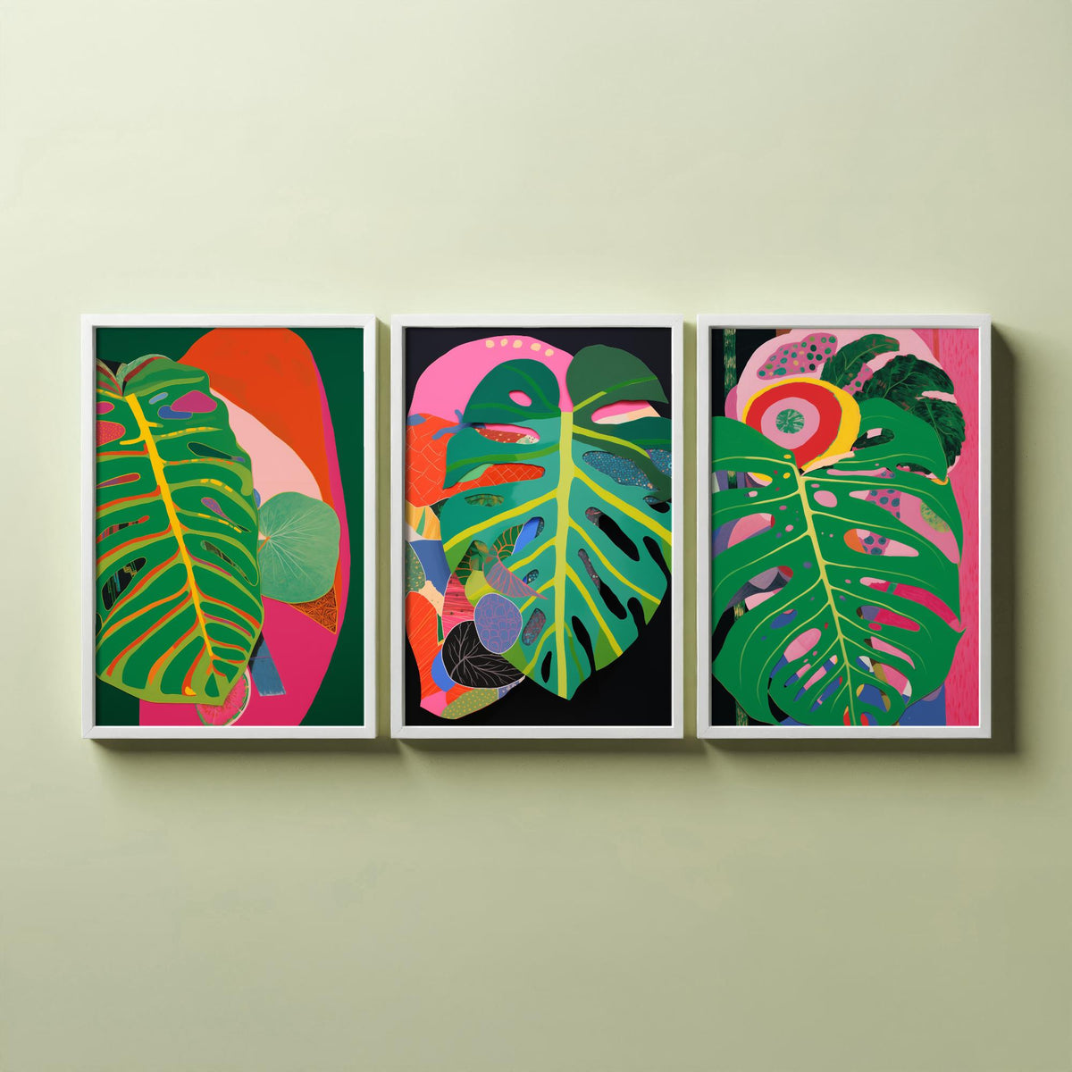 Monstera Leaves Pink and Black Set of Three Art Prints - Hot Pink, Green and Coral Collage - Bold Tropical Poster Illustration
