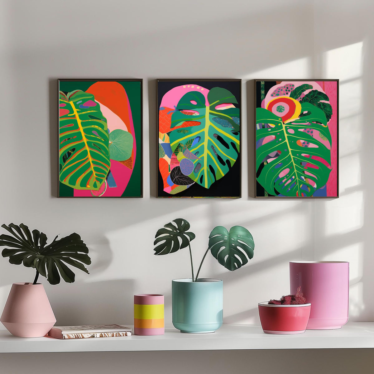 Monstera Leaves Pink and Black Set of Three Art Prints - Hot Pink, Green and Coral Collage - Bold Tropical Poster Illustration
