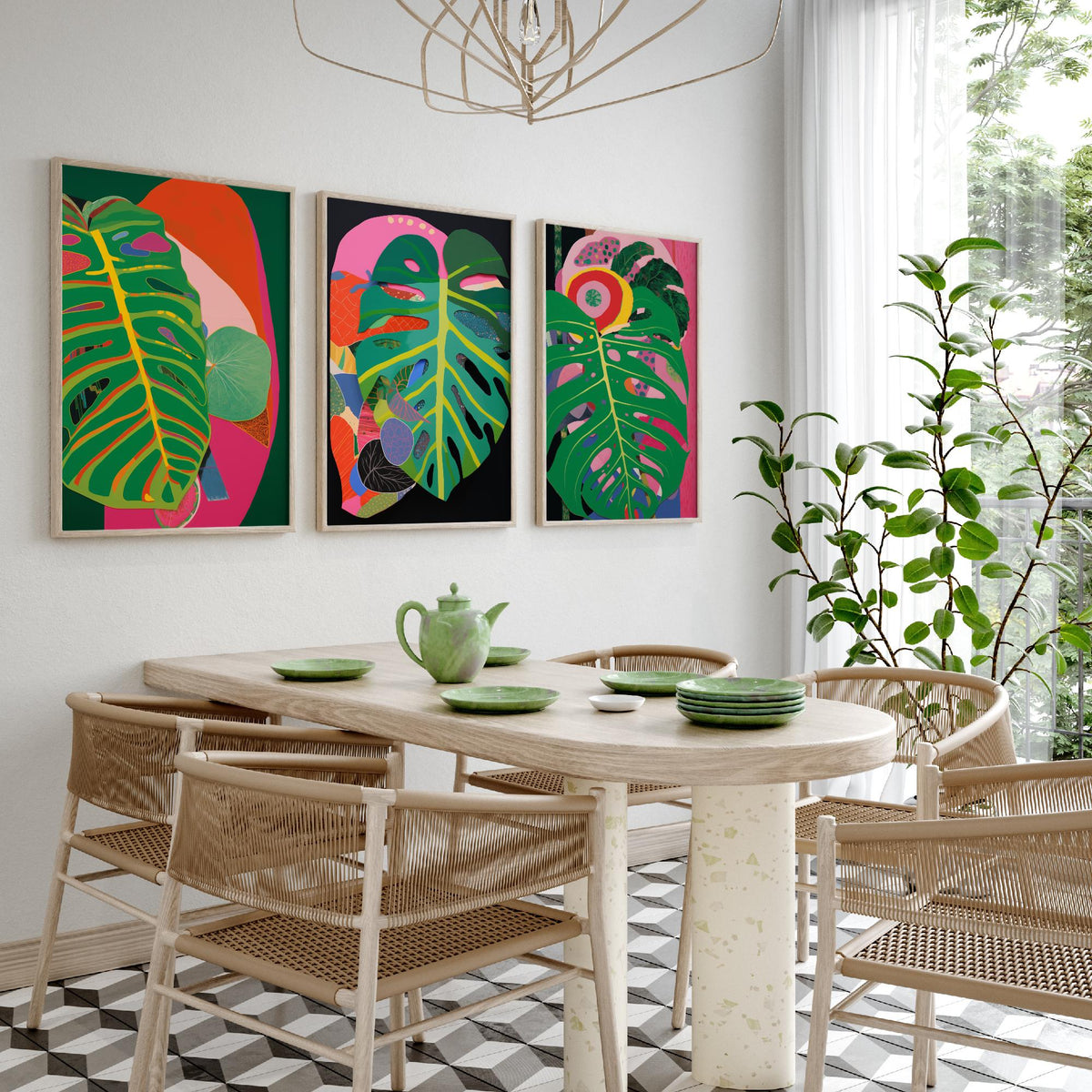 Monstera Leaves Pink and Black Set of Three Art Prints - Hot Pink, Green and Coral Collage - Bold Tropical Poster Illustration