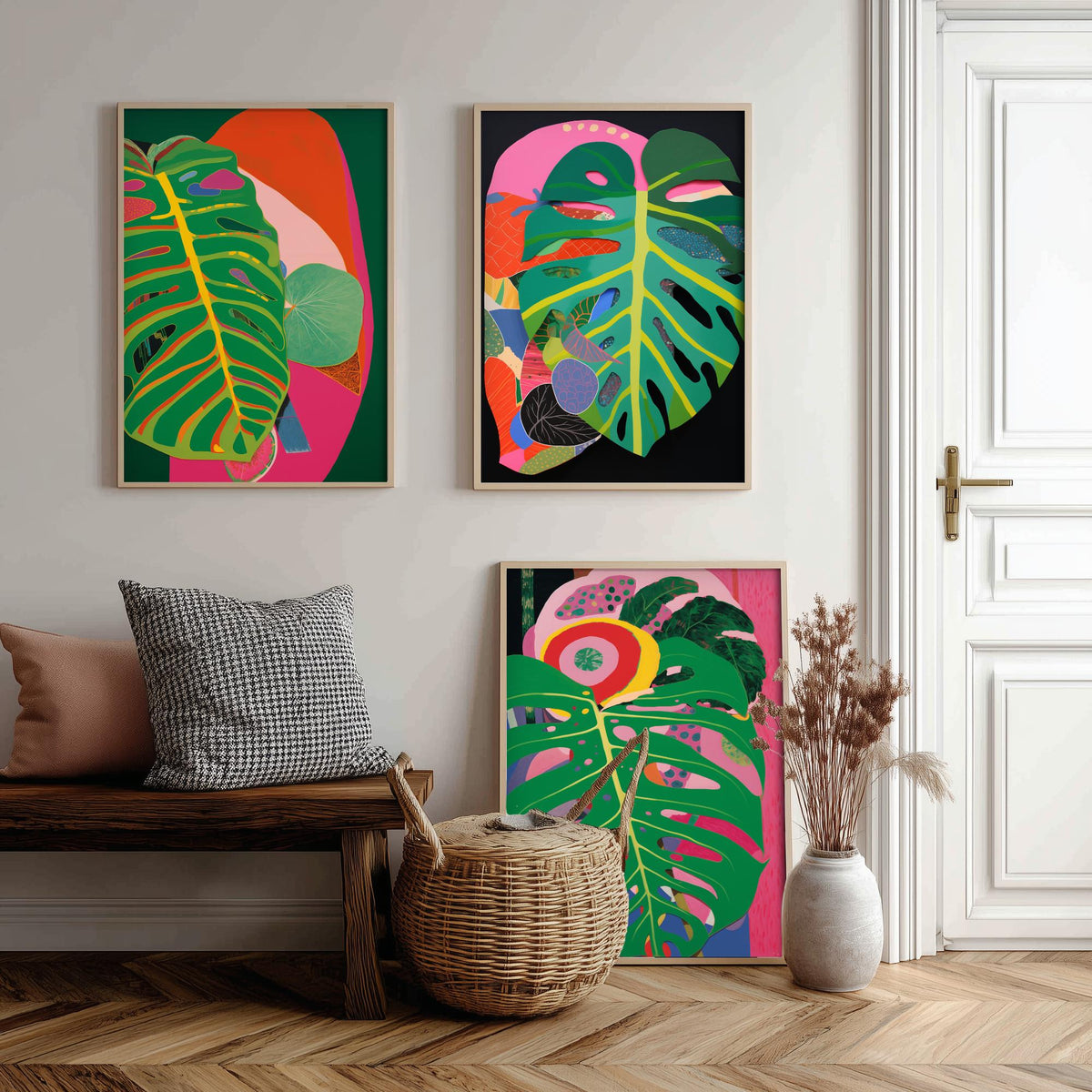 Monstera Leaves Pink and Black Set of Three Art Prints - Hot Pink, Green and Coral Collage - Bold Tropical Poster Illustration
