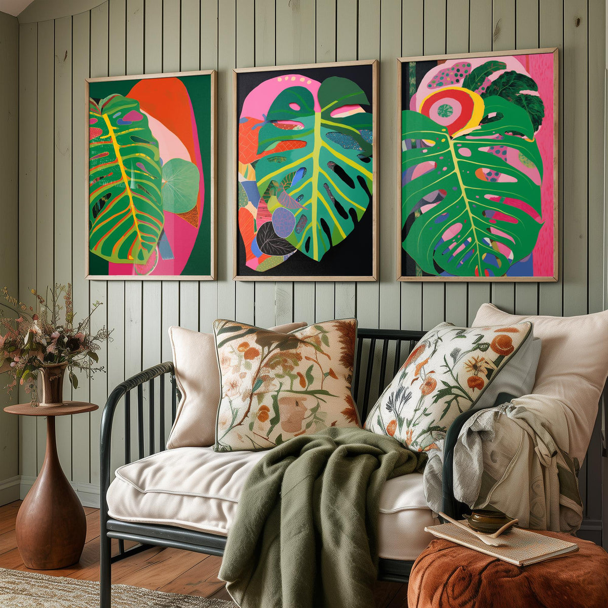 Monstera Leaves Pink and Black Set of Three Art Prints - Hot Pink, Green and Coral Collage - Bold Tropical Poster Illustration