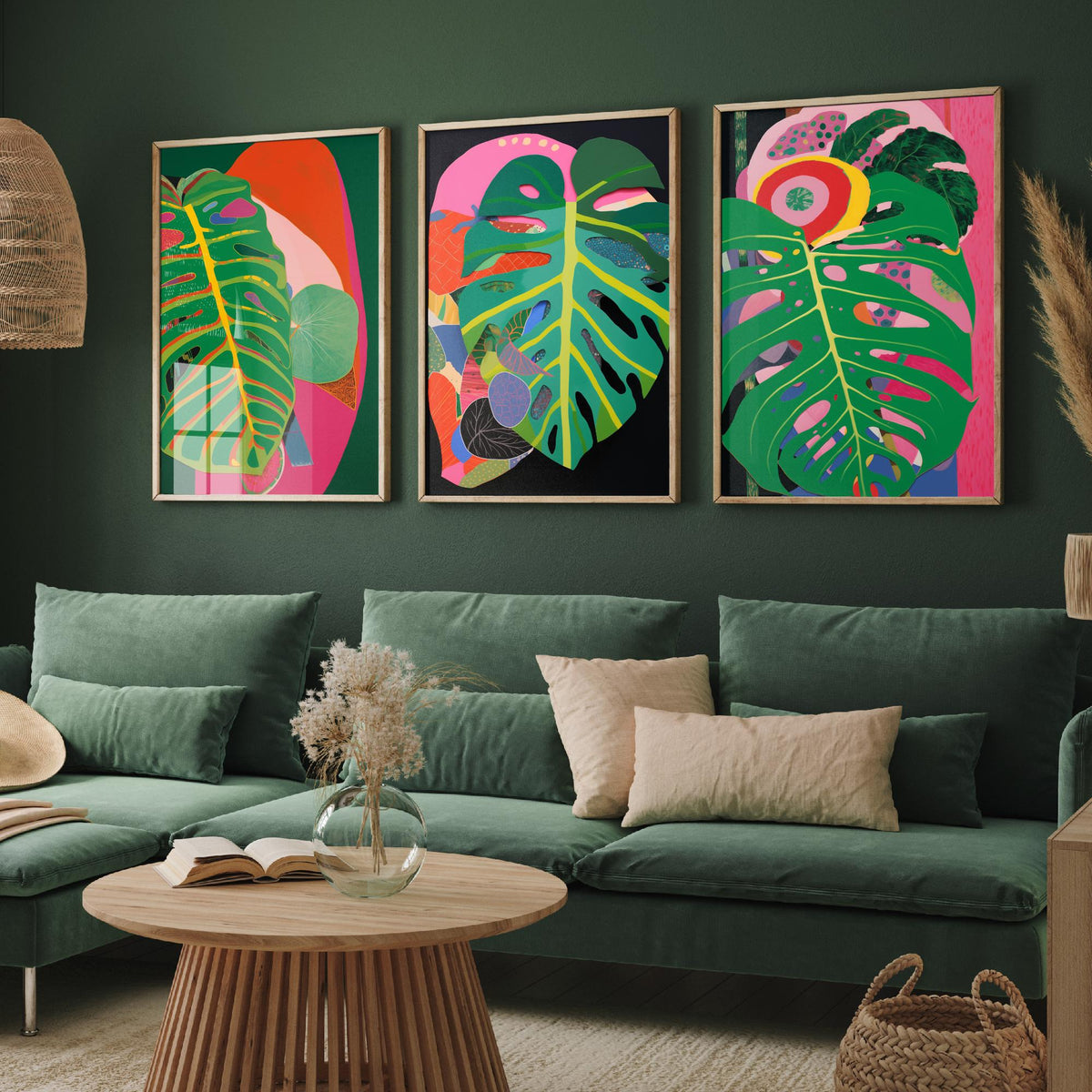 Monstera Leaves Pink and Black Set of Three Art Prints - Hot Pink, Green and Coral Collage - Bold Tropical Poster Illustration