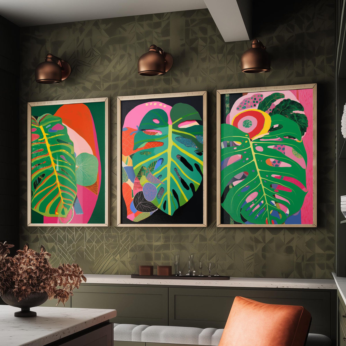 Monstera Leaves Pink and Black Set of Three Art Prints - Hot Pink, Green and Coral Collage - Bold Tropical Poster Illustration