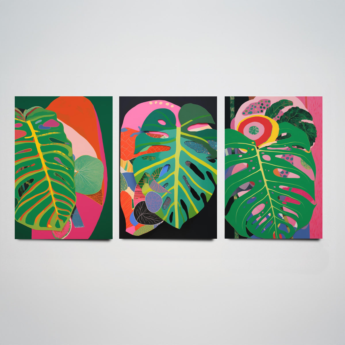 Monstera Leaves Pink and Black Set of Three Art Prints - Hot Pink, Green and Coral Collage - Bold Tropical Poster Illustration