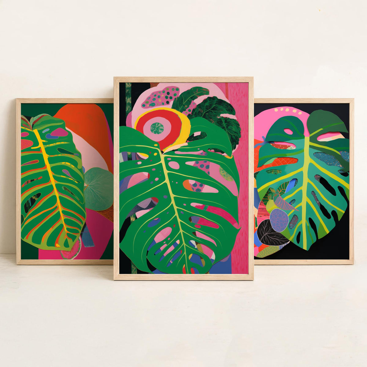 Monstera Leaves Pink and Black Set of Three Art Prints - Hot Pink, Green and Coral Collage - Bold Tropical Poster Illustration