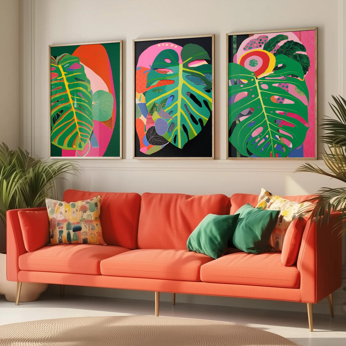 Monstera Leaves Pink and Black Set of Three Art Prints - Hot Pink, Green and Coral Collage - Bold Tropical Poster Illustration