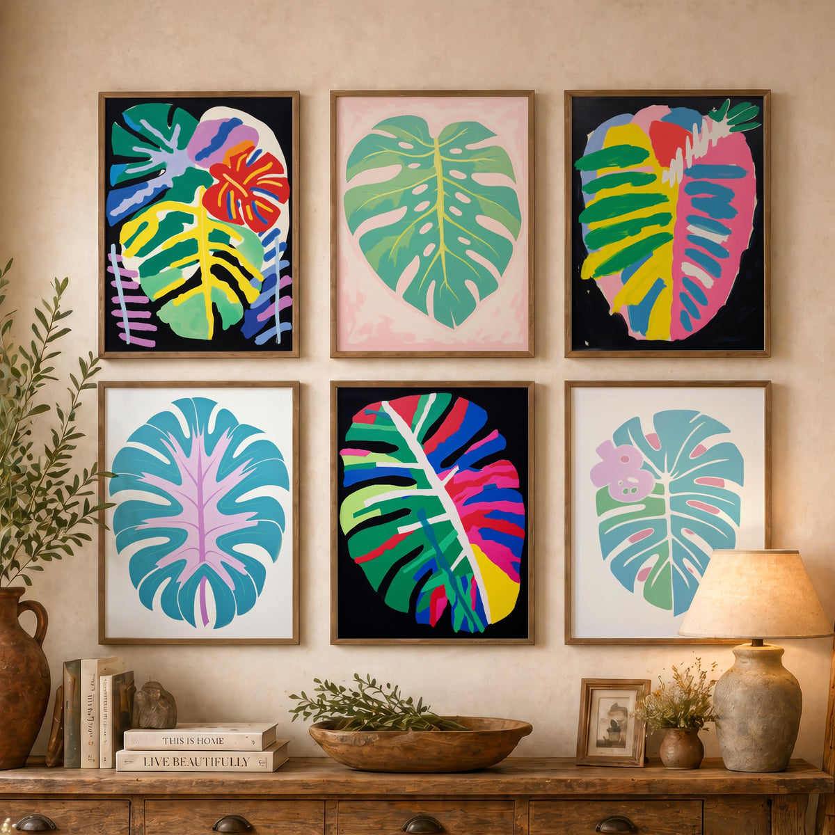Set of Six Monstera Leaf Art Prints - 6 Bold Abstract Botanical Posters - Swiss Cheese Plant, Rainbow Tropical Leaf Painting V2