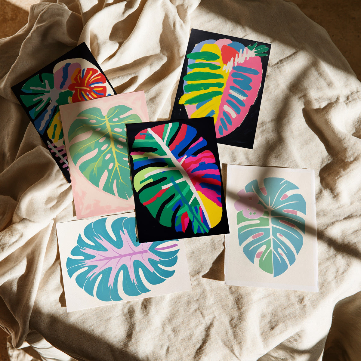 Set of Six Monstera Leaf Art Prints - 6 Bold Abstract Botanical Posters - Swiss Cheese Plant, Rainbow Tropical Leaf Painting V2