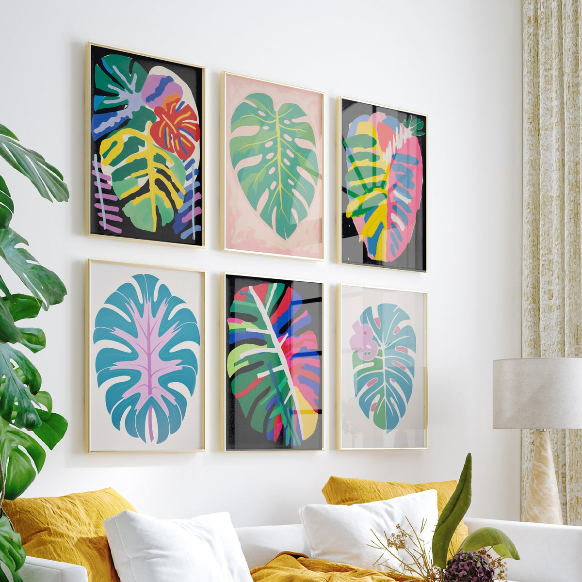 Set of Six Monstera Leaf Art Prints - 6 Bold Abstract Botanical Posters - Swiss Cheese Plant, Rainbow Tropical Leaf Painting V2