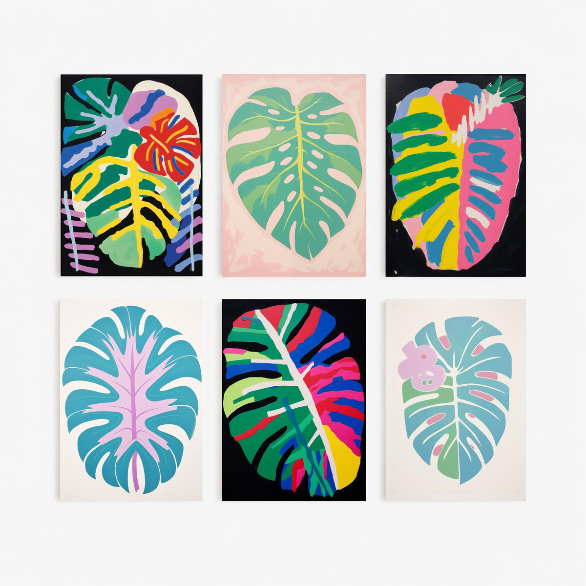 Set of Six Monstera Leaf Art Prints - 6 Bold Abstract Botanical Posters - Swiss Cheese Plant, Rainbow Tropical Leaf Painting V2