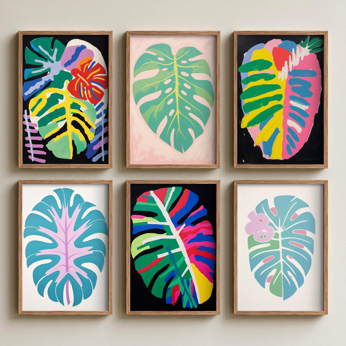 Set of Six Monstera Leaf Art Prints - 6 Bold Abstract Botanical Posters - Swiss Cheese Plant, Rainbow Tropical Leaf Painting V2