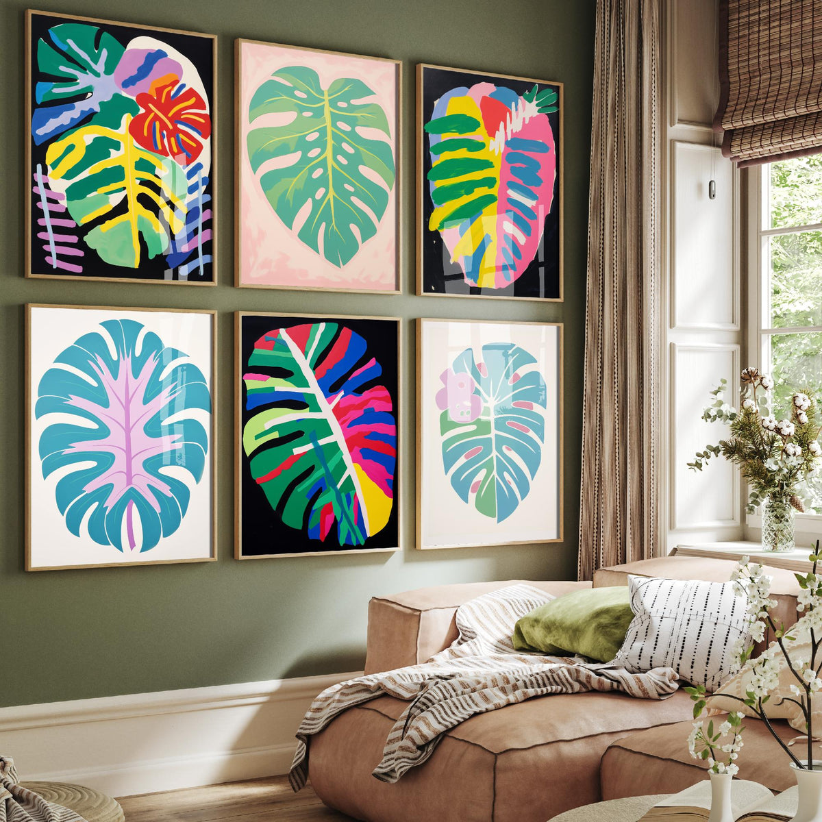 Set of Six Monstera Leaf Art Prints - 6 Bold Abstract Botanical Posters - Swiss Cheese Plant, Rainbow Tropical Leaf Painting V2