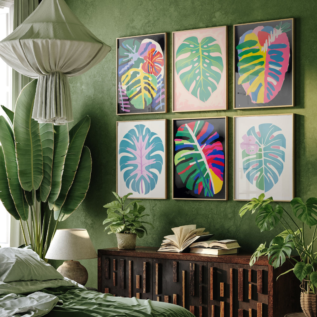 Set of Six Monstera Leaf Art Prints - 6 Bold Abstract Botanical Posters - Swiss Cheese Plant, Rainbow Tropical Leaf Painting V2