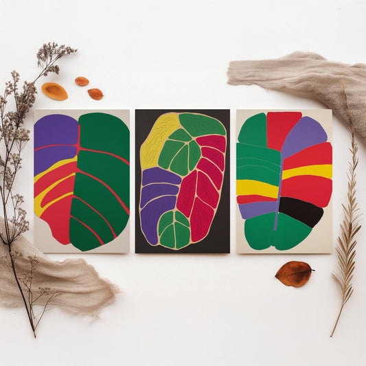 Abstract Colour Block Leaves Set of Three Art Prints - Red, Purple, Yellow and Green - Bold Mid Century Poster Illustration