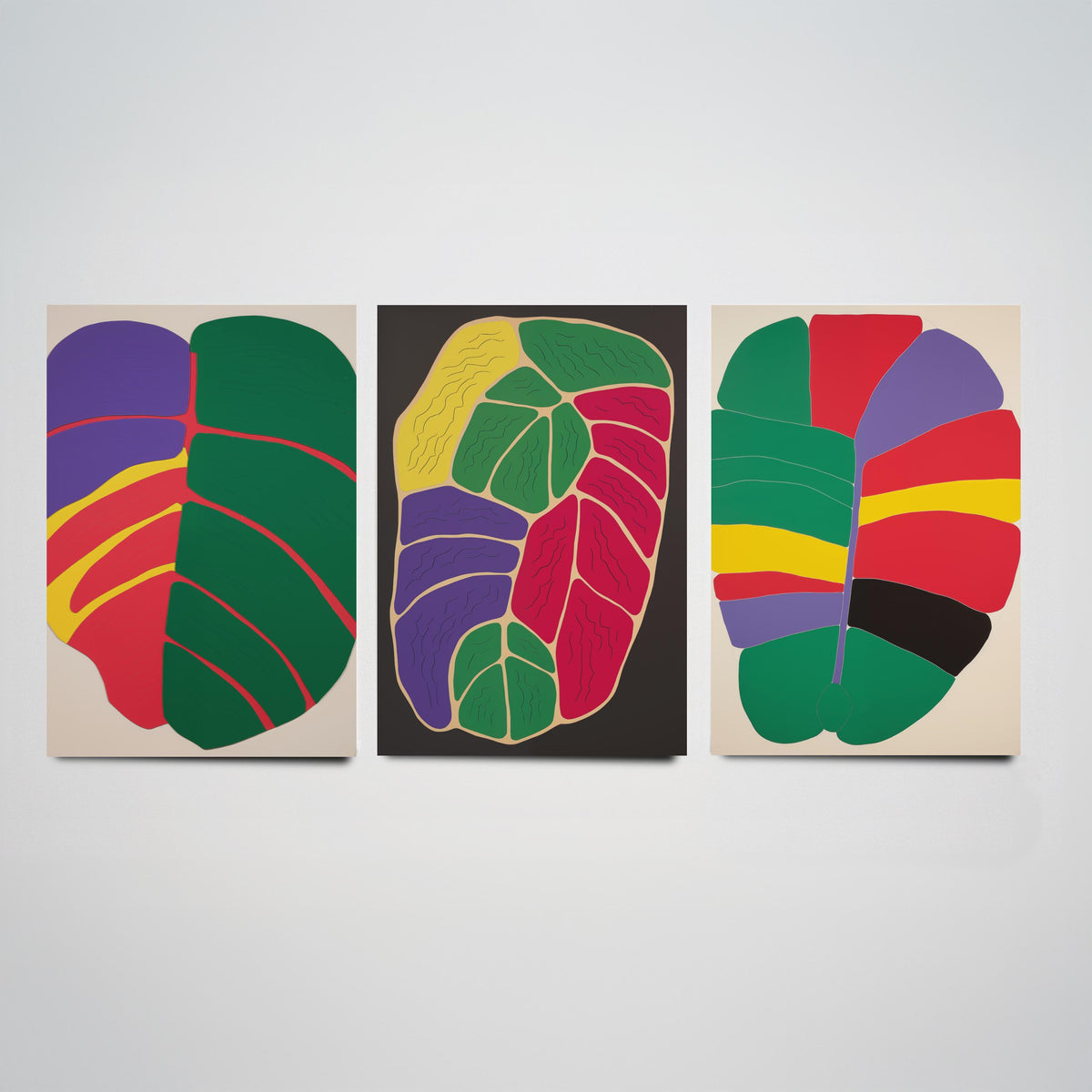 Abstract Colour Block Leaves Set of Three Art Prints - Red, Purple, Yellow and Green - Bold Mid Century Poster Illustration