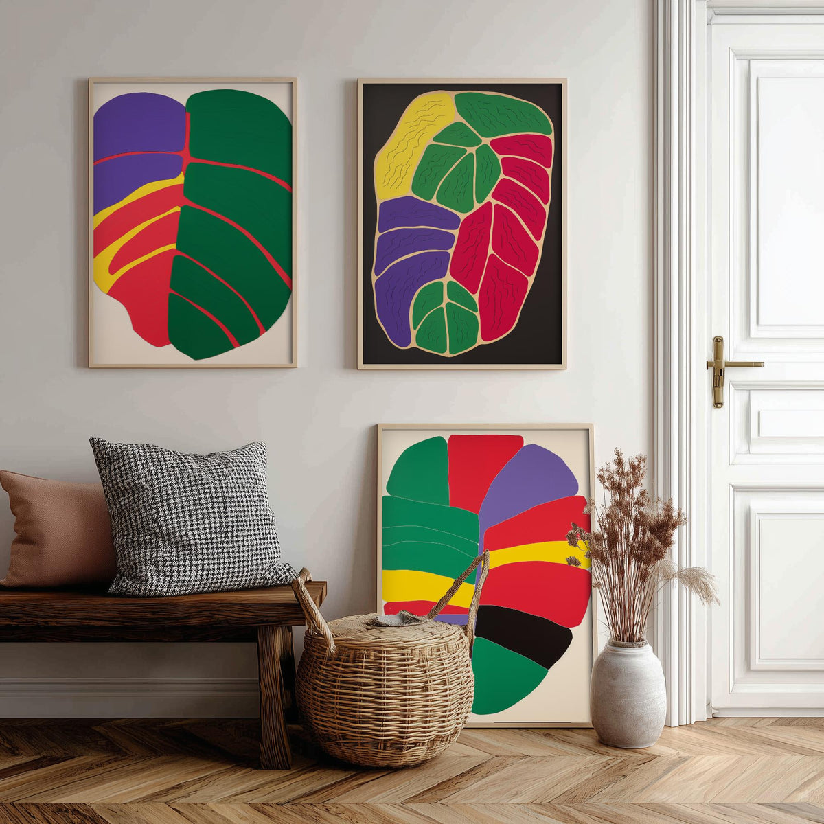 Abstract Colour Block Leaves Set of Three Art Prints - Red, Purple, Yellow and Green - Bold Mid Century Poster Illustration