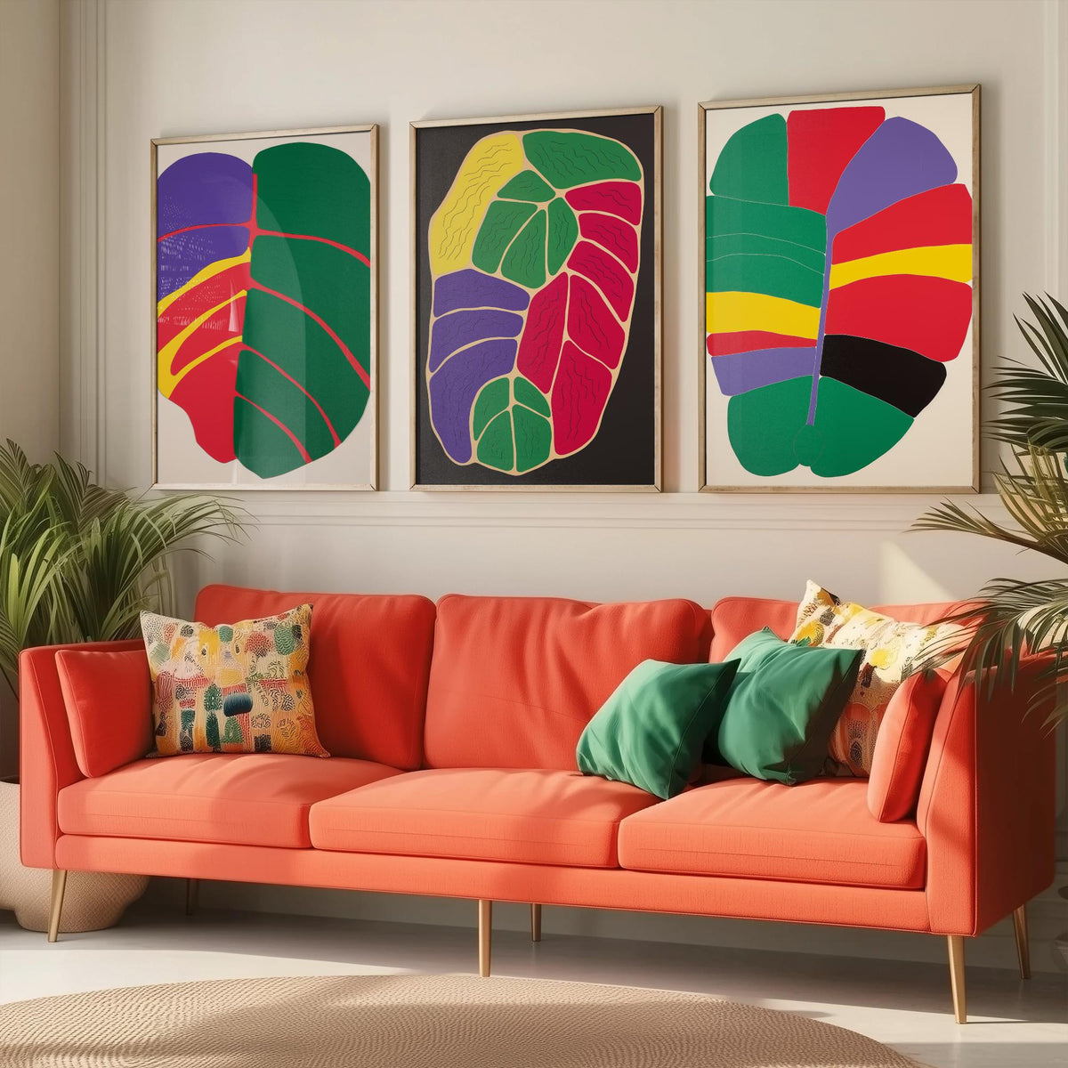 Abstract Colour Block Leaves Set of Three Art Prints - Red, Purple, Yellow and Green - Bold Mid Century Poster Illustration