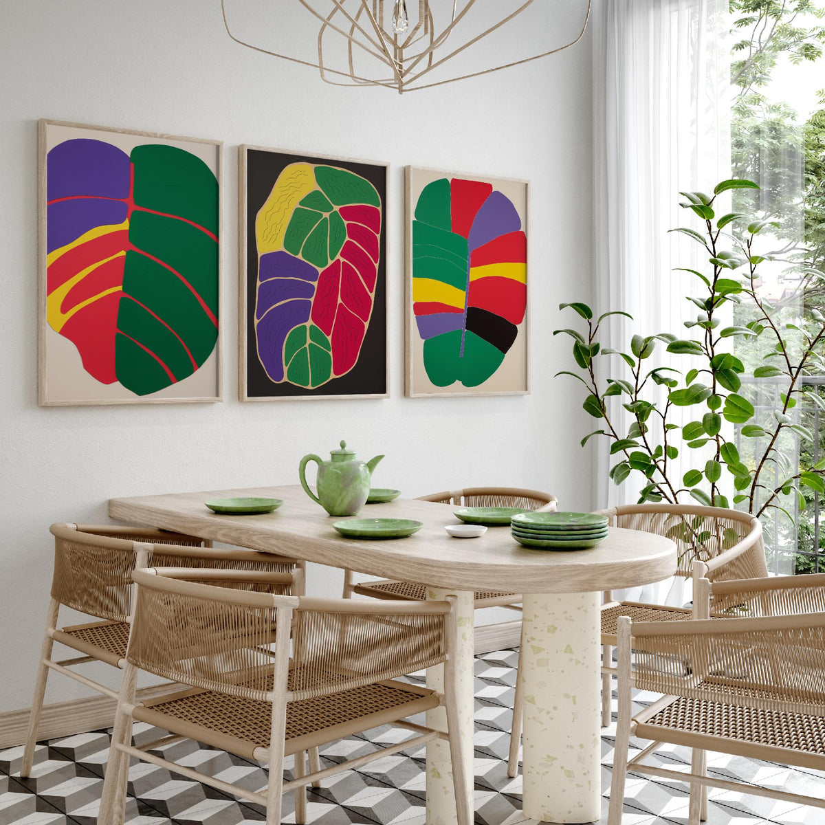 Abstract Colour Block Leaves Set of Three Art Prints - Red, Purple, Yellow and Green - Bold Mid Century Poster Illustration