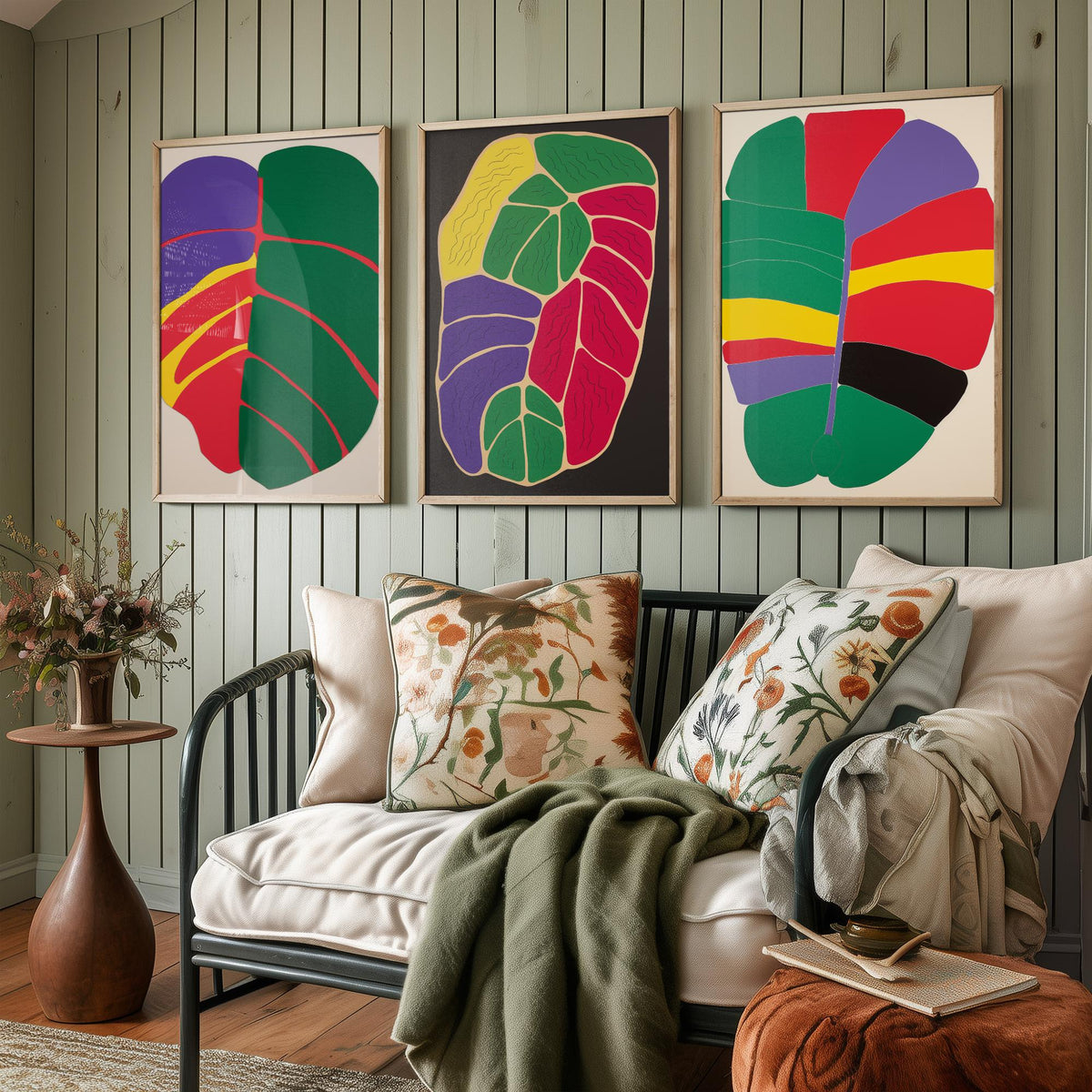 Abstract Colour Block Leaves Set of Three Art Prints - Red, Purple, Yellow and Green - Bold Mid Century Poster Illustration