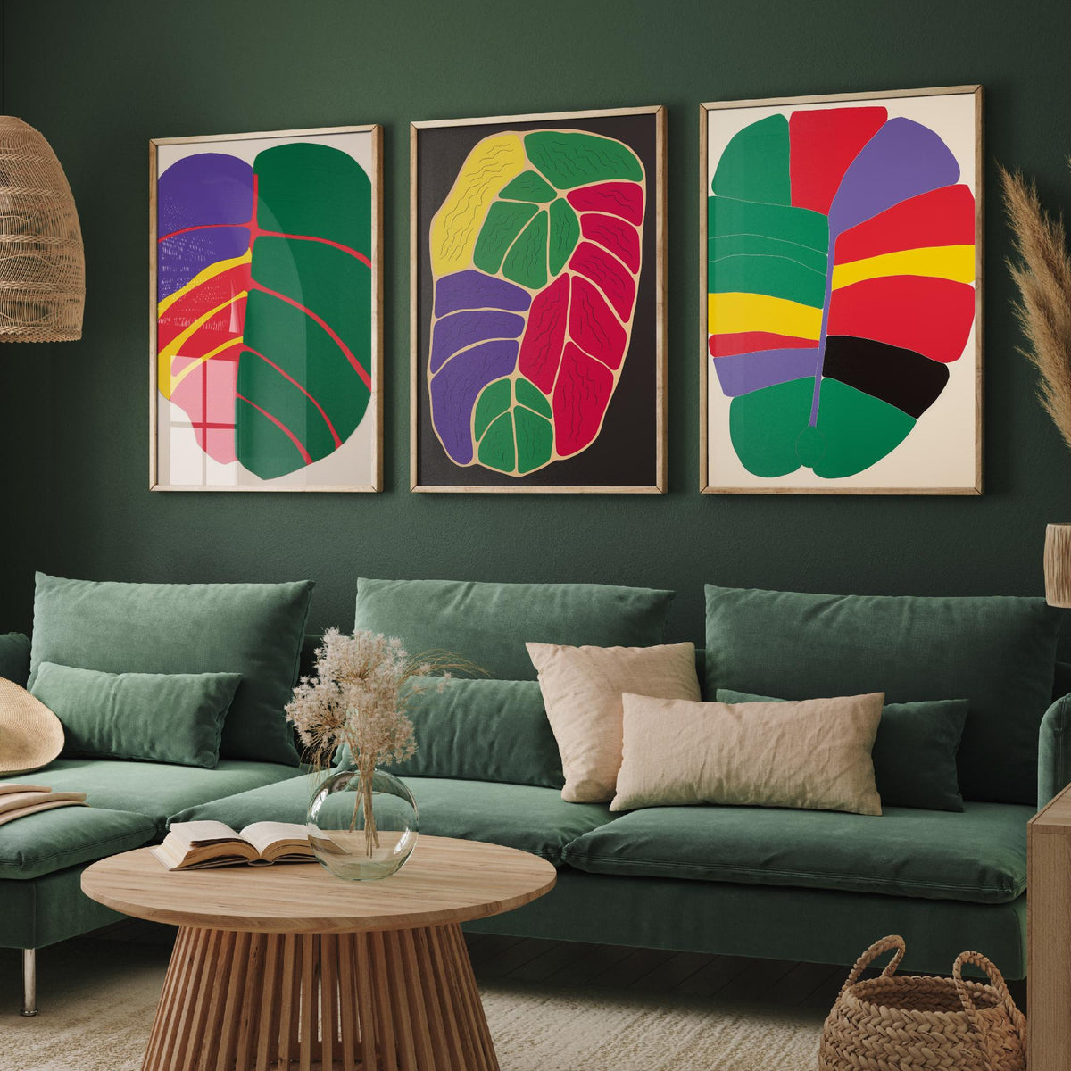 Abstract Colour Block Leaves Set of Three Art Prints - Red, Purple, Yellow and Green - Bold Mid Century Poster Illustration