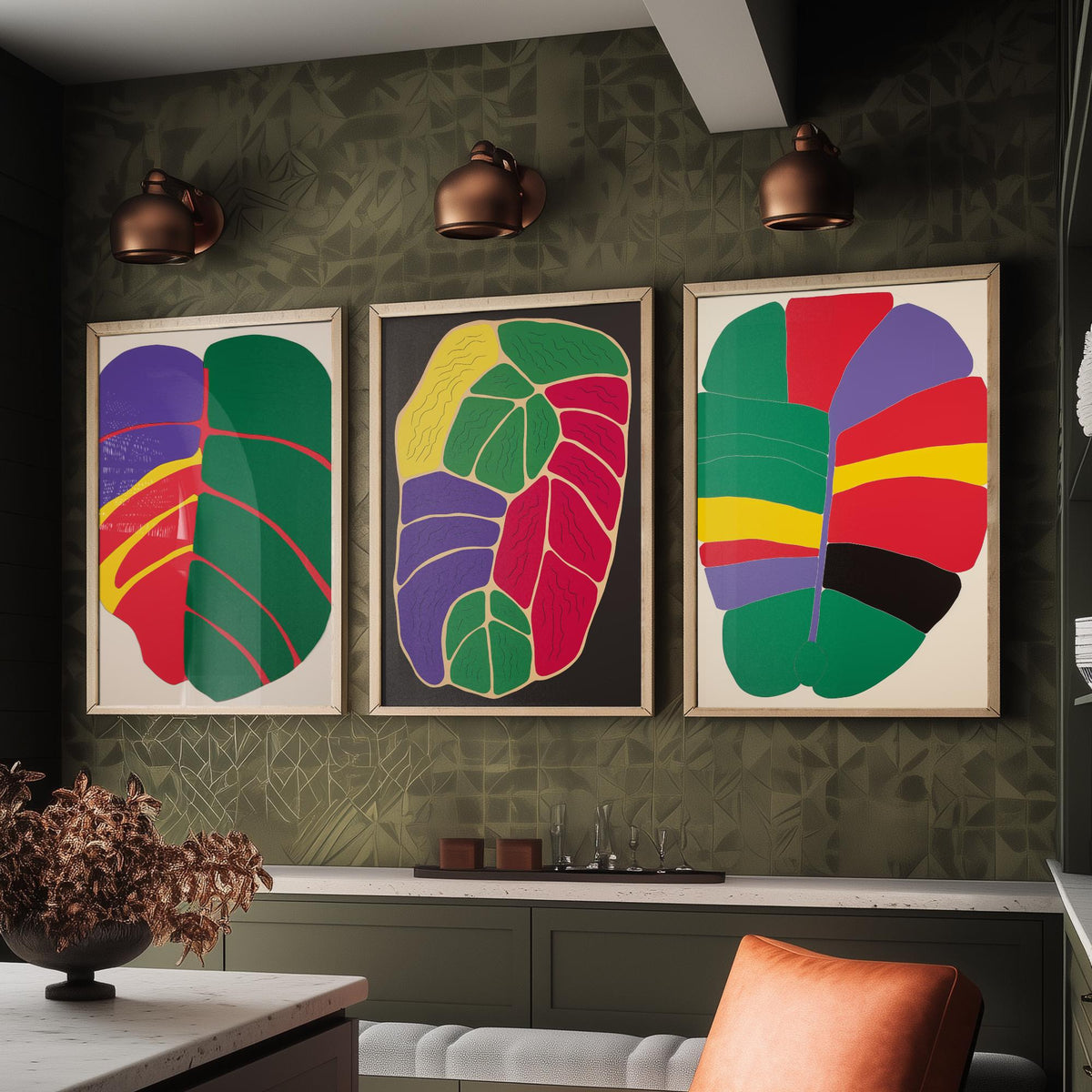 Abstract Colour Block Leaves Set of Three Art Prints - Red, Purple, Yellow and Green - Bold Mid Century Poster Illustration