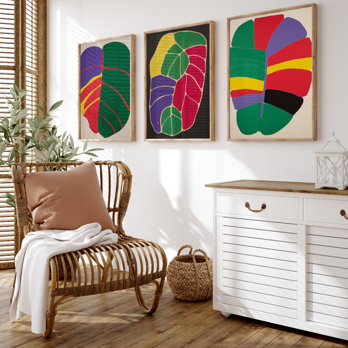 Abstract Colour Block Leaves Set of Three Art Prints - Red, Purple, Yellow and Green - Bold Mid Century Poster Illustration