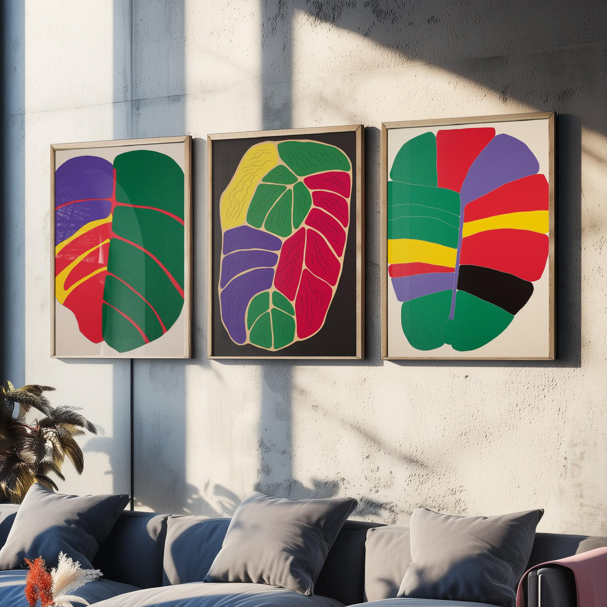 Abstract Colour Block Leaves Set of Three Art Prints - Red, Purple, Yellow and Green - Bold Mid Century Poster Illustration