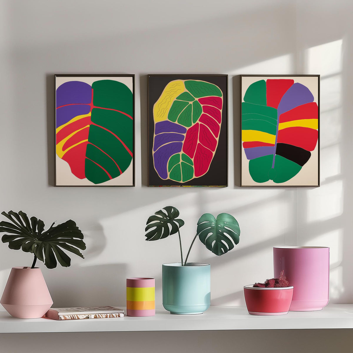 Abstract Colour Block Leaves Set of Three Art Prints - Red, Purple, Yellow and Green - Bold Mid Century Poster Illustration