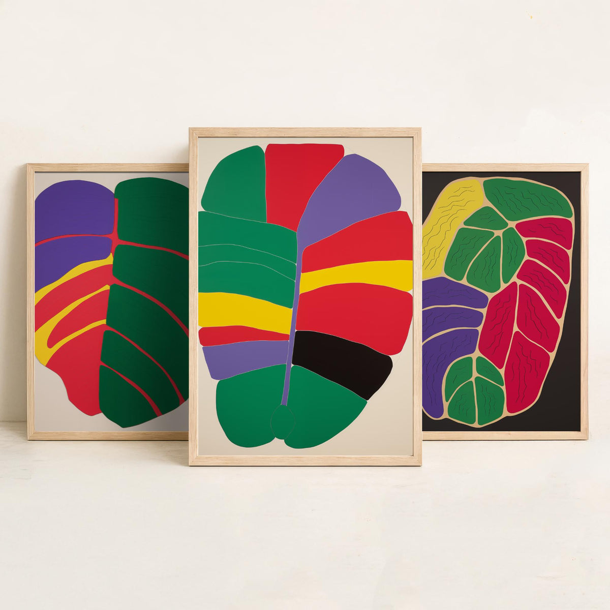 Abstract Colour Block Leaves Set of Three Art Prints - Red, Purple, Yellow and Green - Bold Mid Century Poster Illustration