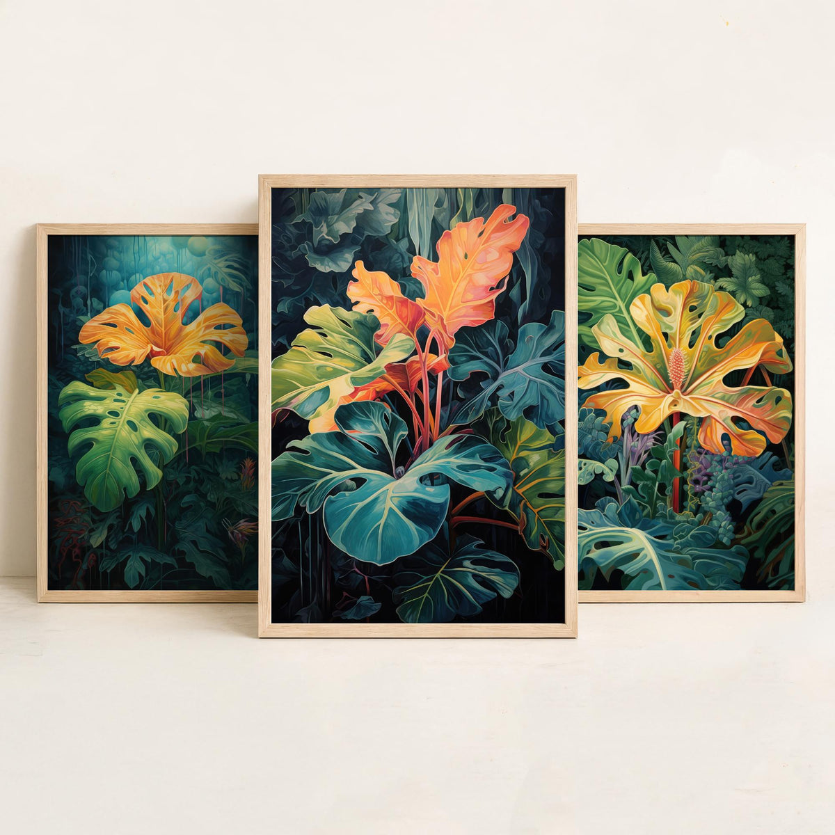 Glowing Tropical Leaves Set of Three Art Prints - Golden Monstera in a Dark Jungle - Moody Botanical Painting Poster