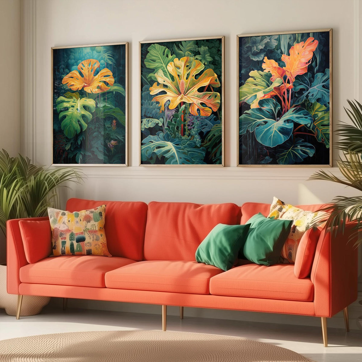 Glowing Tropical Leaves Set of Three Art Prints - Golden Monstera in a Dark Jungle - Moody Botanical Painting Poster